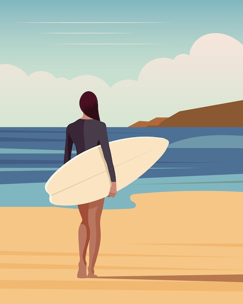 A girl with a surfboard stands on the sandy shore of the ocean Seascape active rest on the ocean