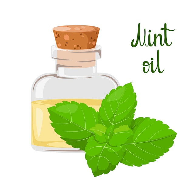 Glass bottle with mint oil on a white background.