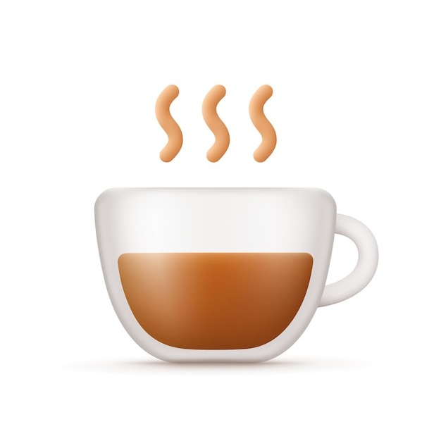 Glass coffee cup with smoke 3d vector icon Cartoon minimal style