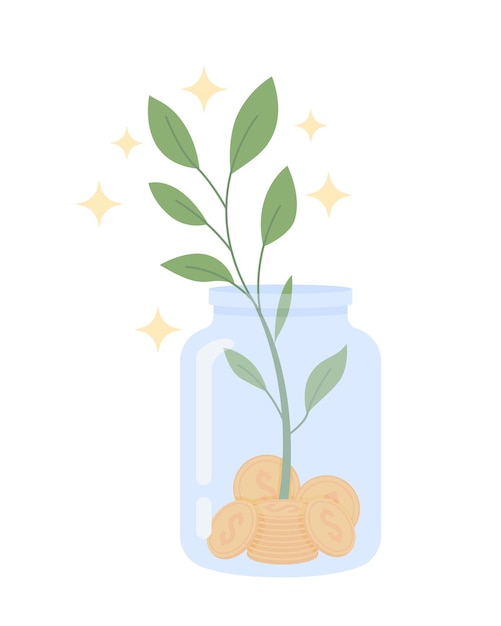 Glass jar with coins and sapling semi flat color vector object