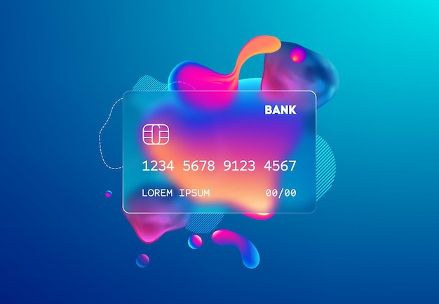 Glass morphism credit card template Plastic rectangle of transparent plastic with blur effect Liquid shapes morphism abstract art