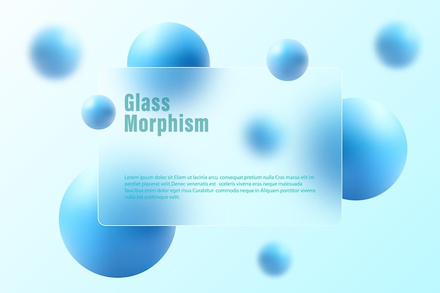 Vector glass morphism landing page floating blue spheres and glass partition