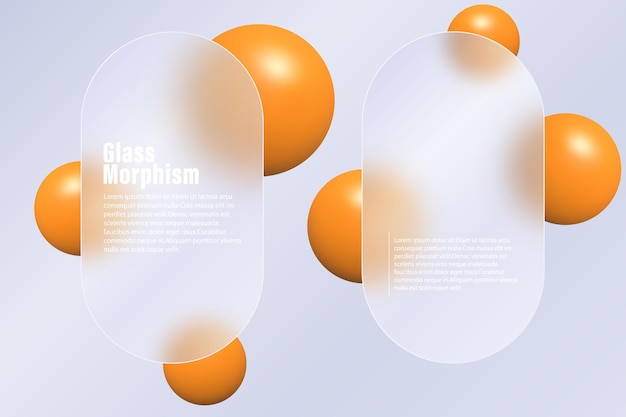 Glass morphism landing page with two oval shapes made of clear glass Vector illustration with blurred floating spheres in orange color