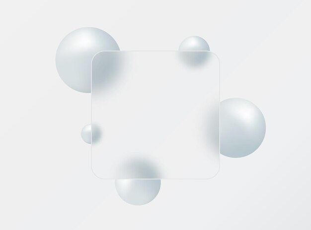 Vector glass square banner with glass overlay effect with 3d balls in silver color in glass morphism style