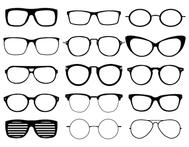 Vector glasses model icons man women frames sunglasses eyeglasses black silhouettes isolated on white