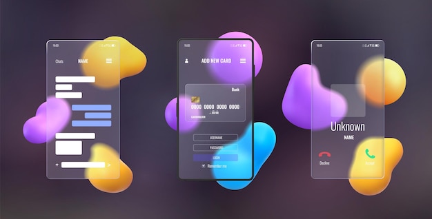 Glassmorphism 3d phone mockup with blurred abstract background Smartphone transparent glass screen with chat call and payment vector set