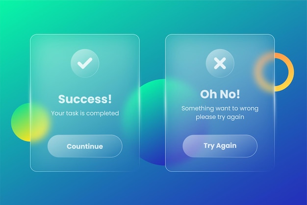 Vector glassmorphism style successfully submitted and try again form realistic glass effect