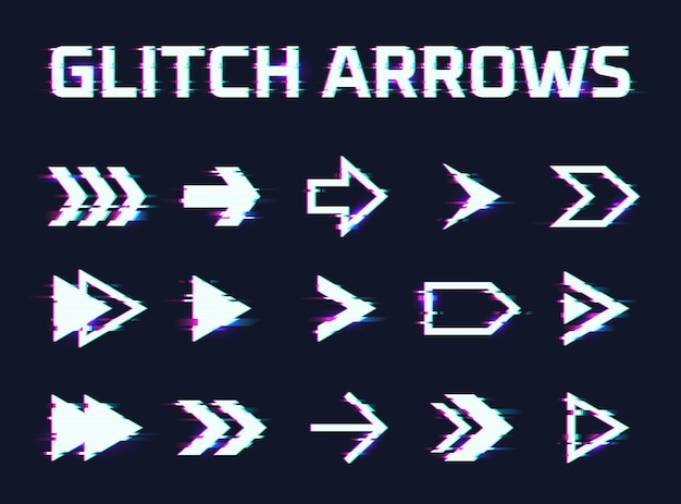 Glitch arrows Glitched directional movement arrow hud hologram cyberpunk next direction digital television effect back 1980 navigation scifi cursor garish vector illustration