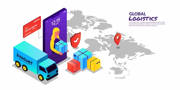 Global logistic concept online delivery service in isometric design