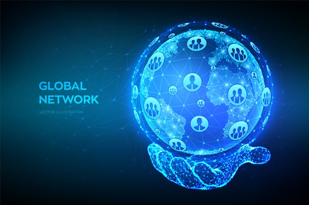 Global network connection. Abstract low polygonal planet Earth in hand.