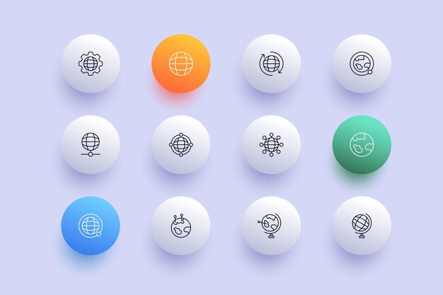 Globes for navigation set icon Planet earth gear view maps pointer location geolocation satellite destination travel worldwide Geography concept Neomorphism Vector line icon for Business