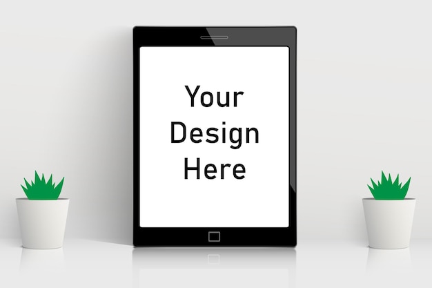 Vector glossy white table with tablet mockup