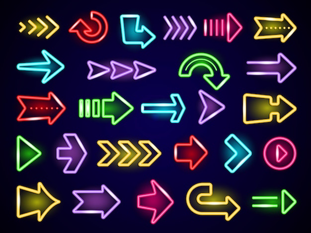 Glow neon arrows. Light direction arrows retro outside street advertizing elements  neon realistic.