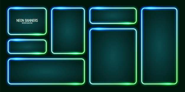 Vector glowing neon banners illuminated colorful square frames shiny vibrant border glow effect azure