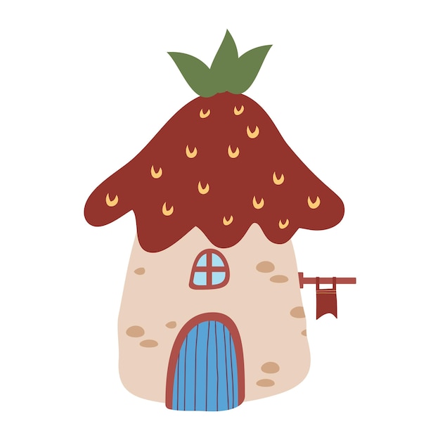 Gnome house in forest with a roof in the shape of a strawberry