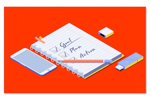 Goal,plan,action text on notepad with office accessories