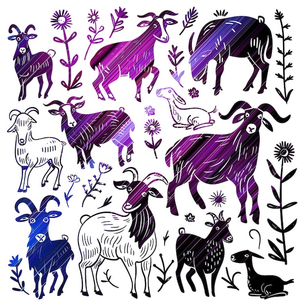 Goat flat vector linear temp set illustration high quality