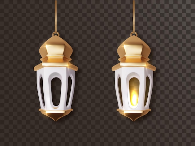 Gold Arabic luminous lanterns Arabic shining lamps Isolated hanging realistic lamps Effects of transparent vector background