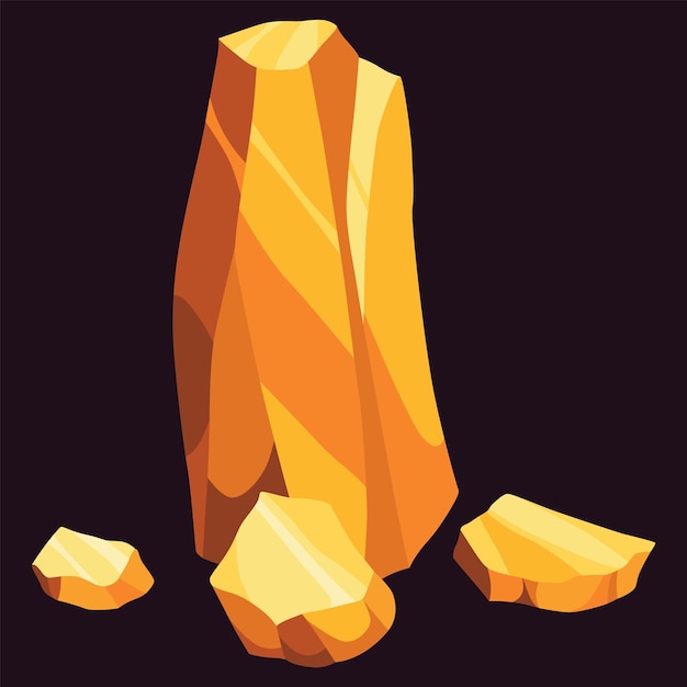 Gold mine nuggets Precious ore mining object Golden game UI stone kit cartoon treasure amber rock isolated on black Vector icon of polygon boulder yellow metal