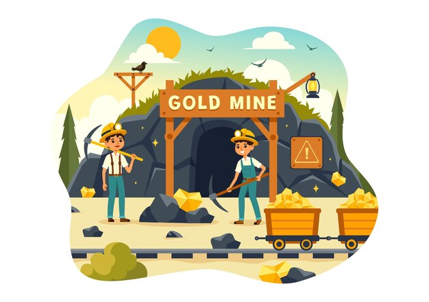 Vector gold mine vector illustration with mining industry activity featuring treasure piles of coins jewelry and gems in a flat style cartoon background