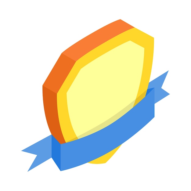 Vector gold shield with blue ribbon isometric 3d icon on a white background