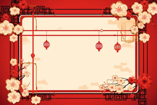 Vector golden border frame with hanging lanterns red background