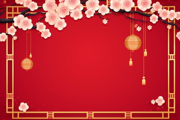 Vector golden border frame with hanging lanterns red background