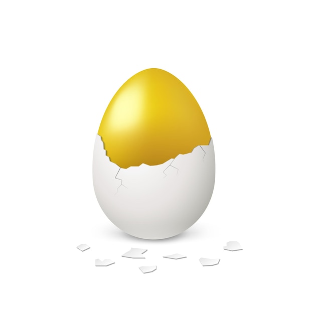 Golden egg in white eggshell on white background Vector realistic egg