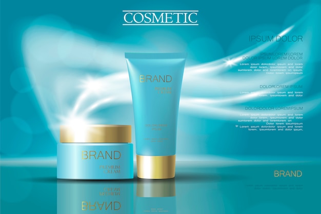 Golden light blue skincare cream package cosmetics ads. Realistic