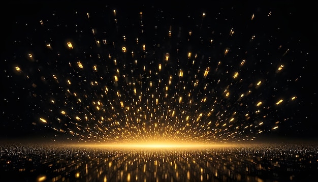 Vector golden particles exploding from a bright light source against a dark background creating a sparkling and festive effect