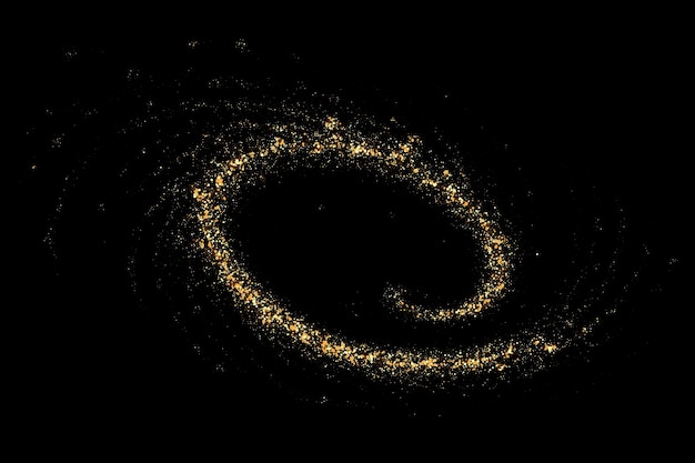 Golden shiny wave of sparkling glitter particles Gold glitters on a black background