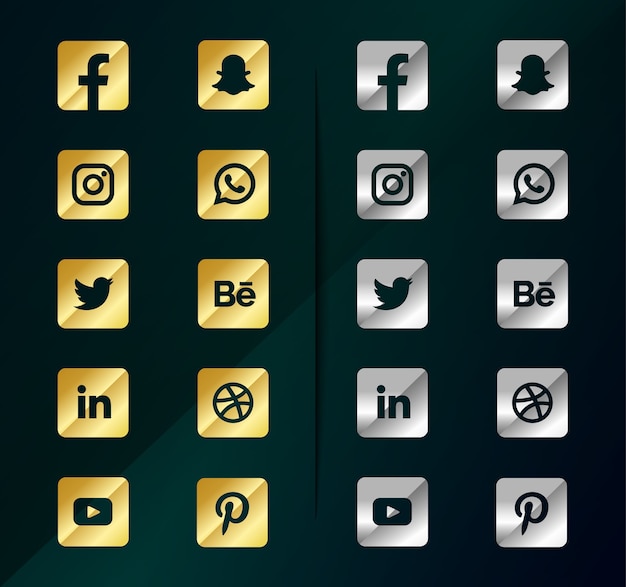 Vector golden silver social media icons. social media logo pack