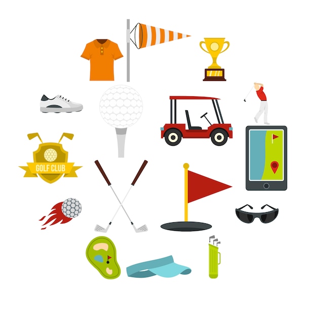 Golf items icons set in flat style