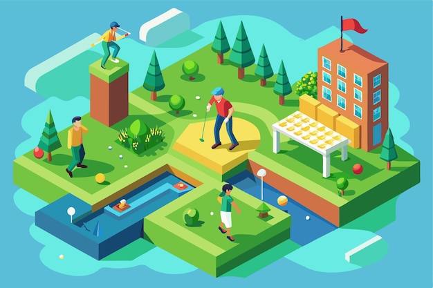 Vector golfers engage in various activities on a colorful customizable golf course surrounded by nature golf customizable isometric illustration