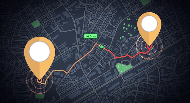 Vector gps icons mockup tracking with distance arrow on city map