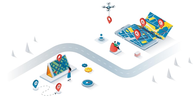 Vector gps navigation concept 3d isometric web banner people use online maps and apps with geolocation