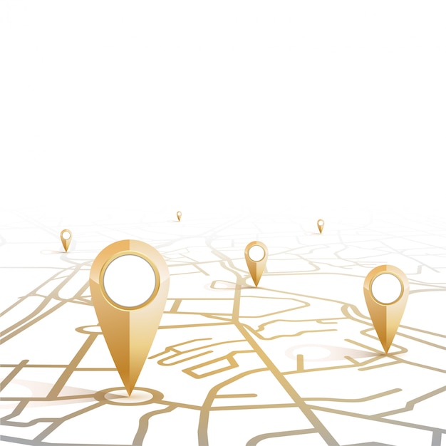 Vector gps pin icon gold color mock-up showing form the street map on white background and blank space
