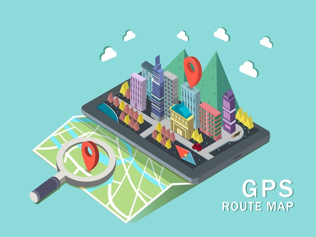 Vector gps route map 3d isometric infographic with tablet showing beautiful city scene