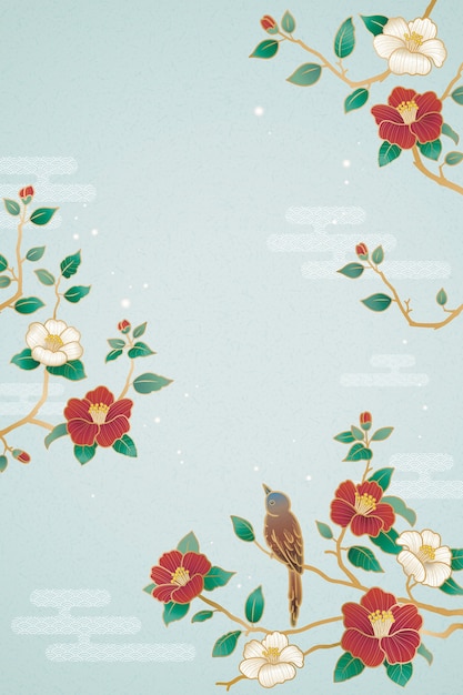 Vector graceful lunar year poster with bird and camellia decorations on blue background