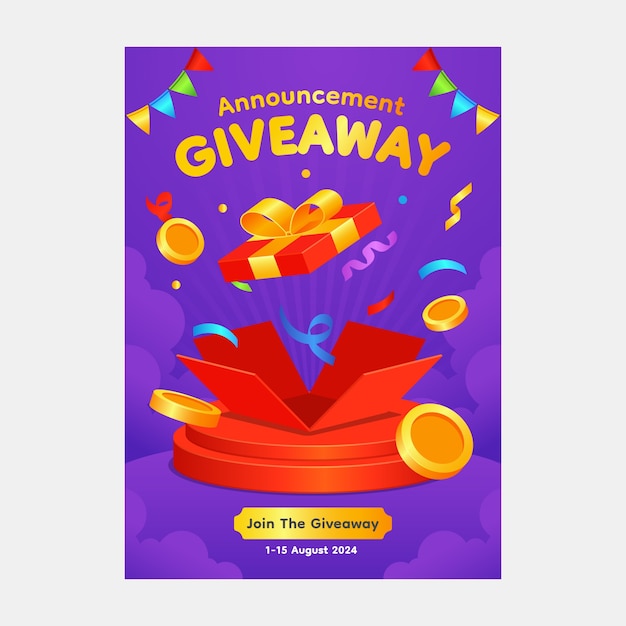 Gradient giveaway winners poster template with a gift box on a podium