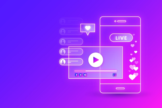Vector gradient live stream concept and mobile phone interface