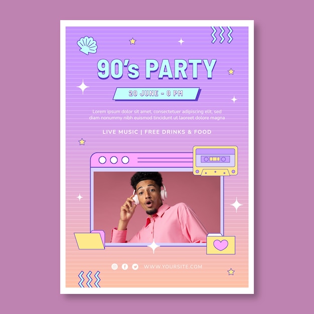 Gradient texture 90s party vertical poster template