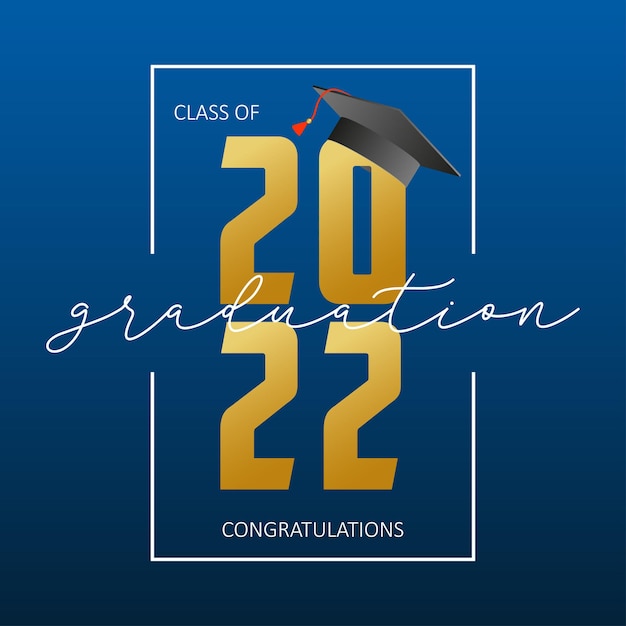 Graduation greeting card Class of 2022 banner with gold numbers frame and mortarboard