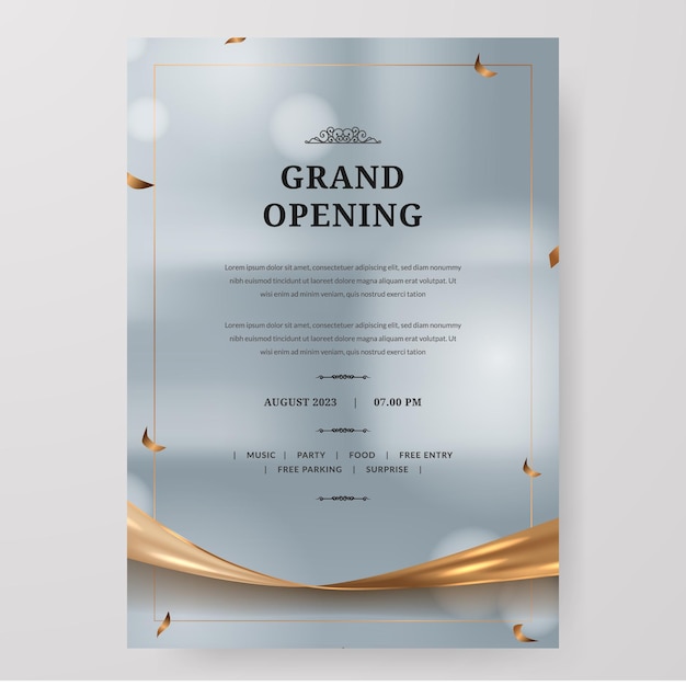 Grand opening party poster invitation Elegant luxury with golden satin and confetti with silver background