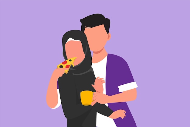 Graphic flat design drawing Arabian man holding mug of coffee and feeding woman with Italian pizza Celebrate wedding anniversaries and enjoy romantic moment at cafe Cartoon style vector illustration