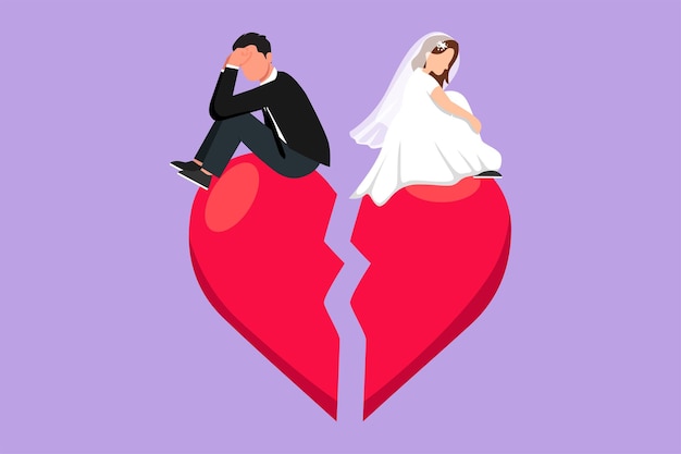 Vector graphic flat design drawing of relationship break up broken heart couple facing opposite direction married couple man and woman sitting on big broken heart shape cartoon style vector illustration