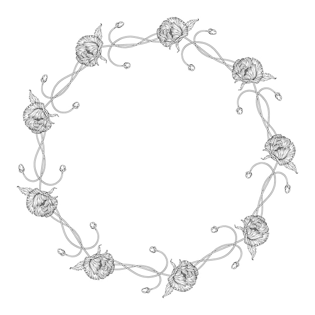 Graphic flower composition. Flowers of poppies. Wreath