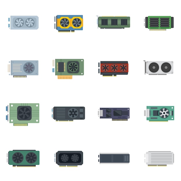 Graphics card icons set flat vector Video board