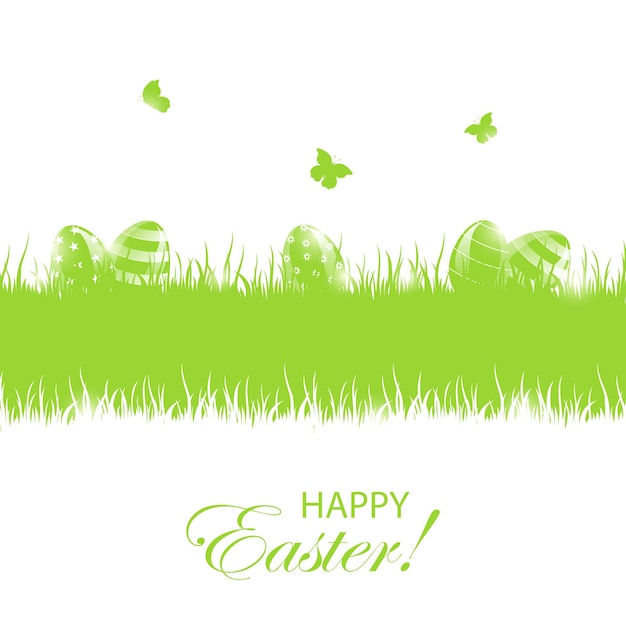 Green background with Easter eggs in a grass, illustration.