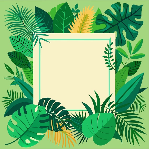 Vector a green background with a white frame and tropical plants